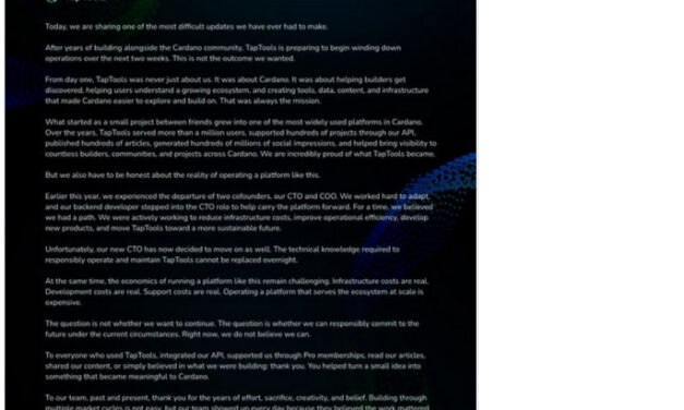 Cardano’s TapTools to wind down after 5 execs exit