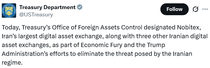 US Treasury issues sanctions on Iran, targets 4 crypto exchanges