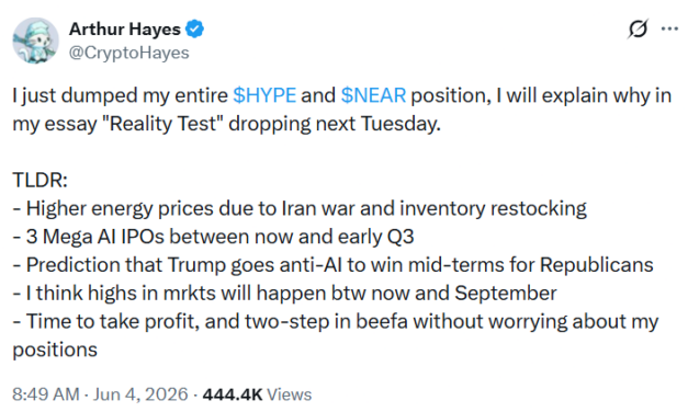 Arthur Hayes dumps HYPE, NEAR as he warns of AI IPO wave