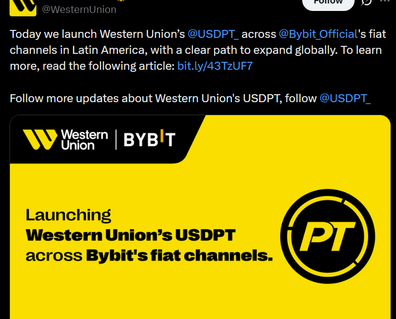 Bybit joins Western Union’s new USDPT network as stablecoin expands distribution