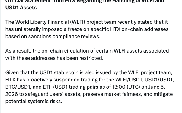 Justin Sun’s HTX delists Trump family’s USD1 amid freeze fight