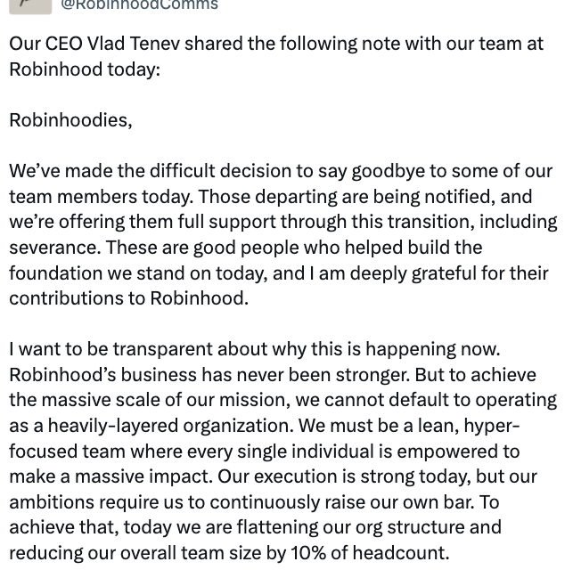 Robinhood cuts 10% of workforce as Tenev touts business strength