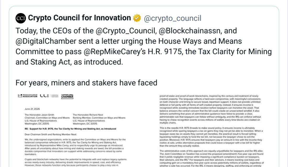 Crypto lobby urges Congress pass staking and mining tax bill as is