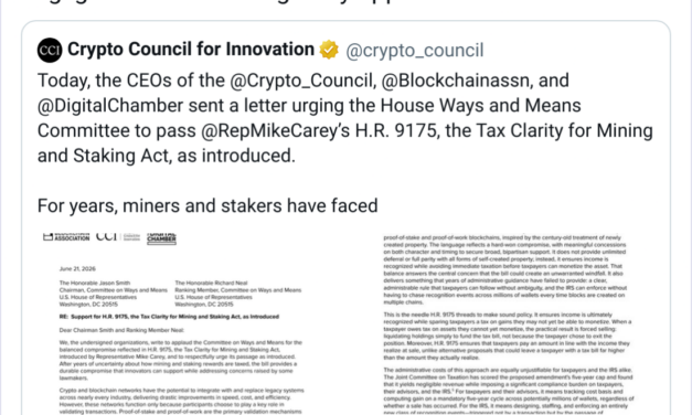 Crypto lobby urges Congress pass staking and mining tax bill as is