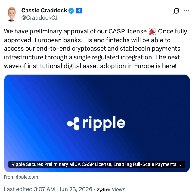 Ripple gains preliminary MiCA license ahead of July 1 EU deadline