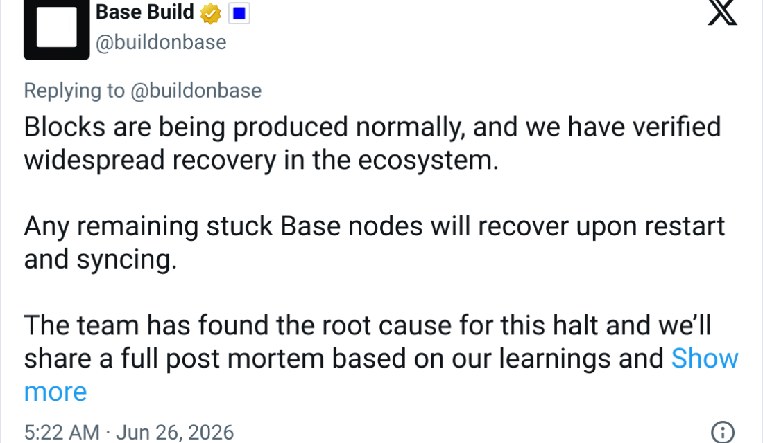 Coinbase's Base resumes block production after 2-hour outage
