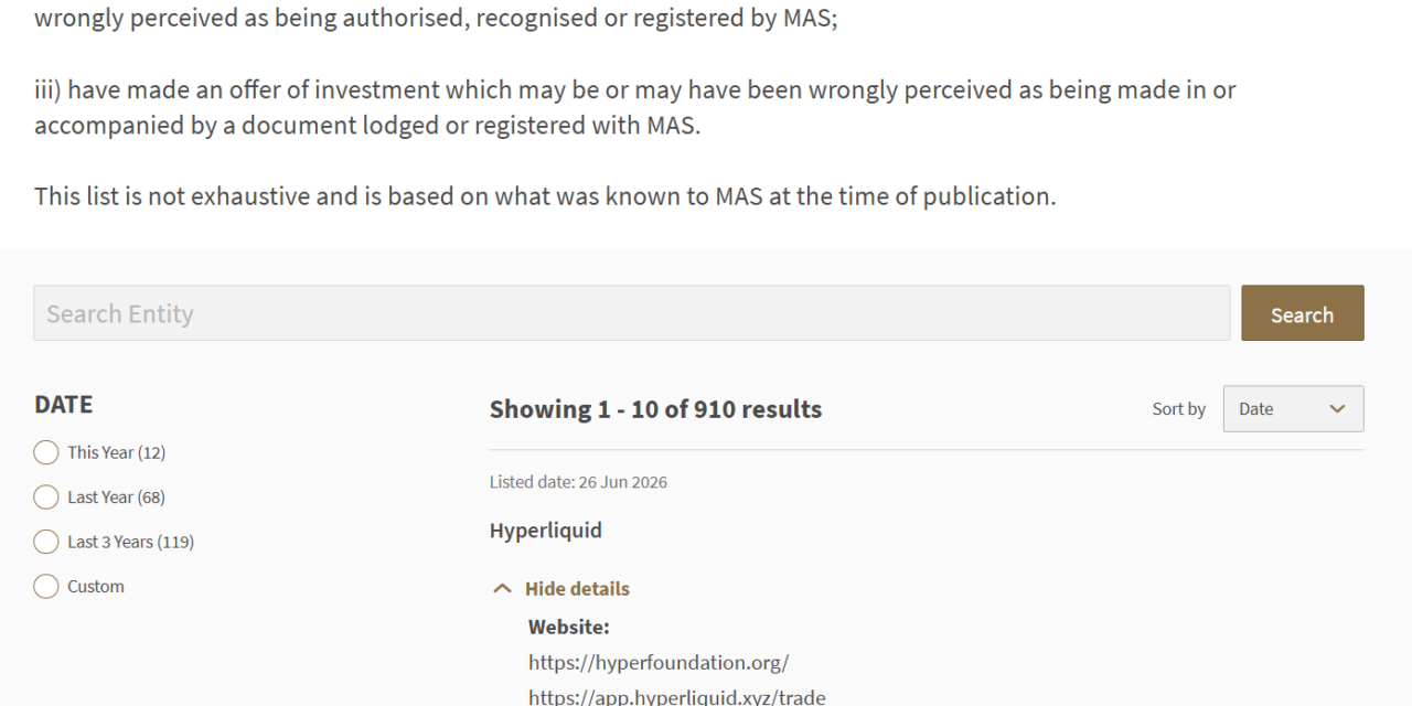 Hyperliquid added to Singapore's Investor Alert List