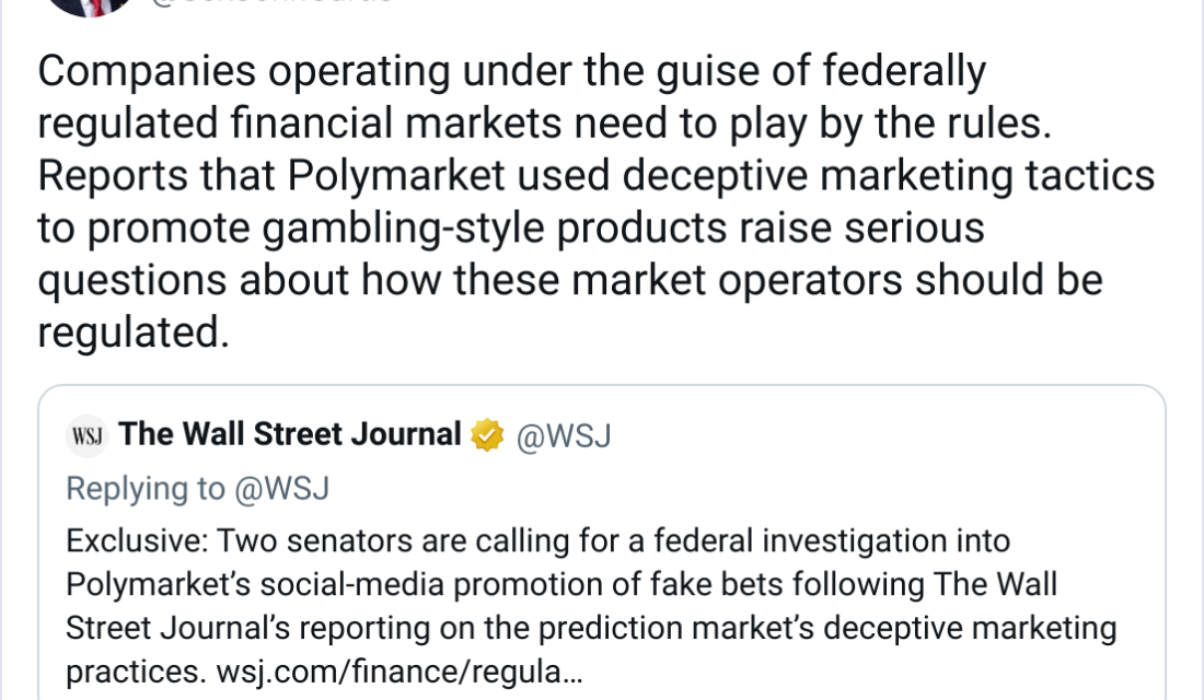 US senators urge CFTC probe Polymarket over ‘deceptive marketing’