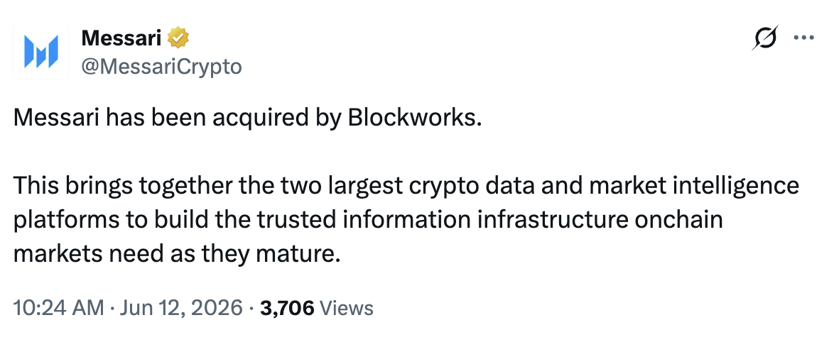 Blockworks acquires Messari in crypto data consolidation push