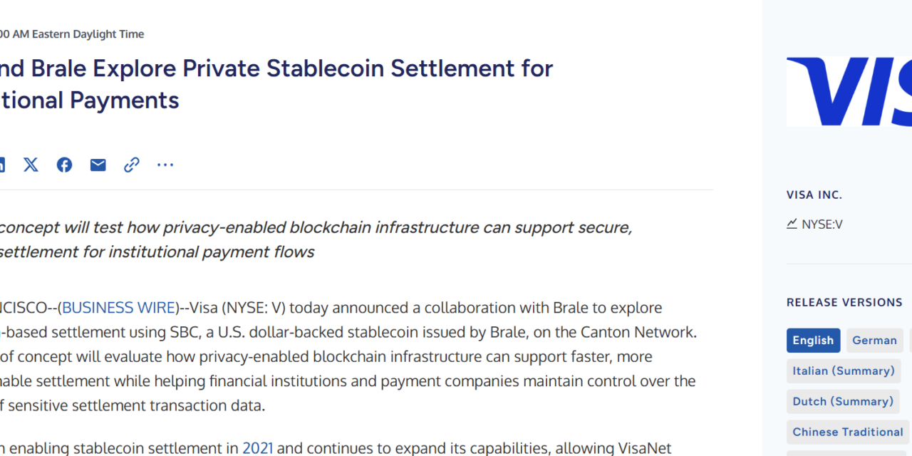 Visa tests private stablecoin settlement with Brale, Canton