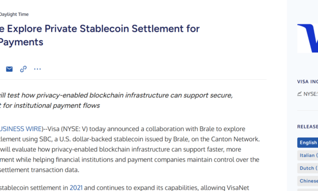 Visa tests private stablecoin settlement with Brale, Canton