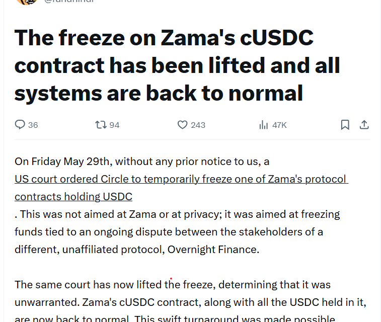 Zama accelerates compliance after court lifts $12.5M USDC freeze