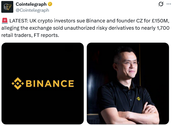 UK crypto investors sue Binance, Changpeng Zhao for $200M