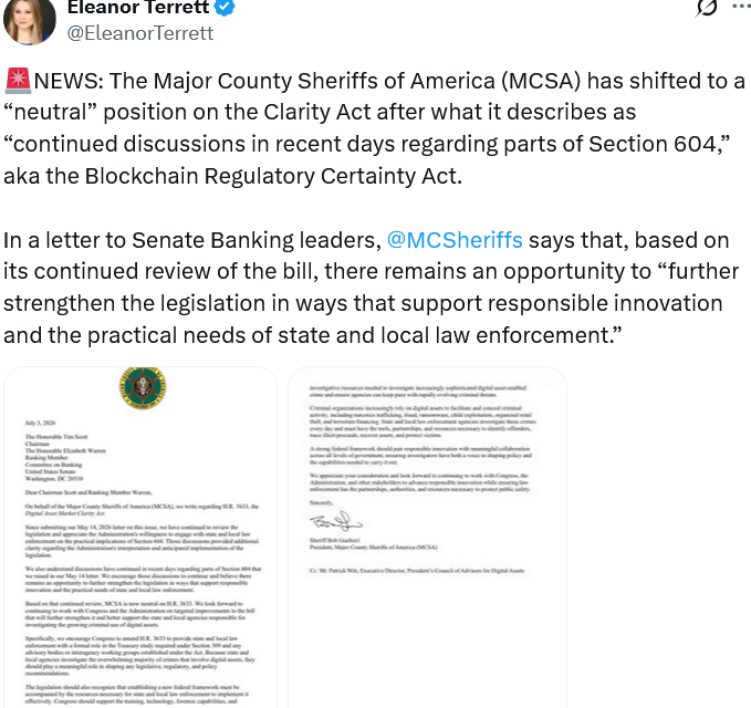US law enforcement group drops opposition to CLARITY Act: Report