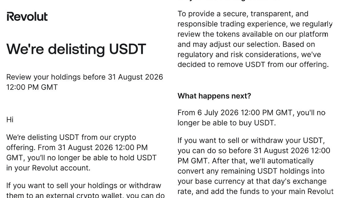 Revolut to delist USDT in August, citing regulatory and risk concerns