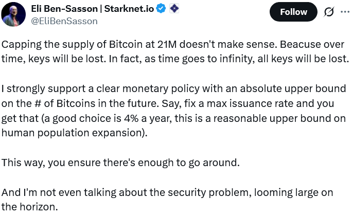 StarkWare CEO suggests 4% annual Bitcoin inflation to replace 21M cap