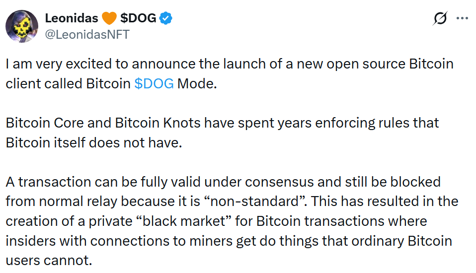 Ordinals advocate Leonidas proposes new Bitcoin client: ‘$DOG Mode’