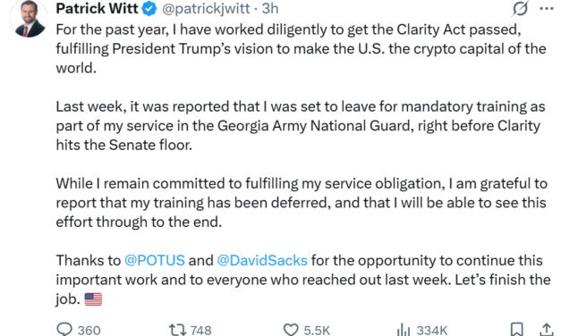 Patrick Witt defers military training as CLARITY heads to Senate