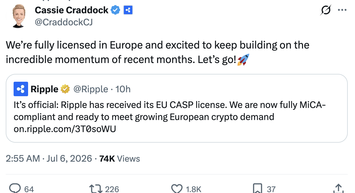 Ripple secures full MiCA license for crypto services across Europe