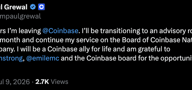Coinbase chief legal officer to transition to advisory role on July 31