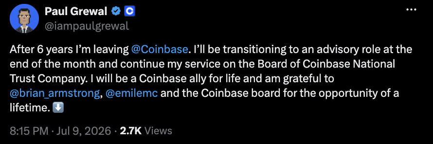 Coinbase chief legal officer to transition to advisory role on July 31
