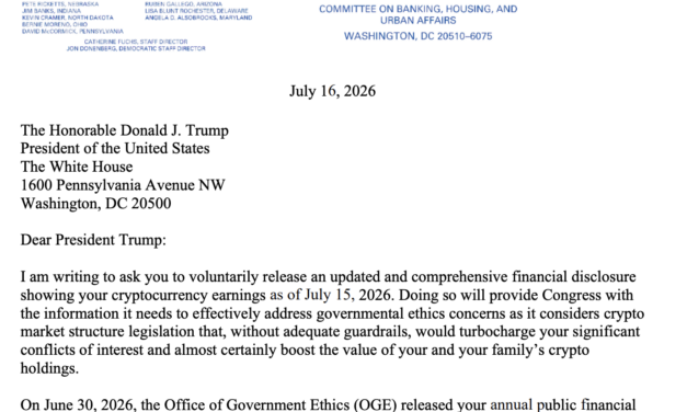Senator Warren requests 2026 reporting for Trump’s crypto earnings after $1.4B disclosure