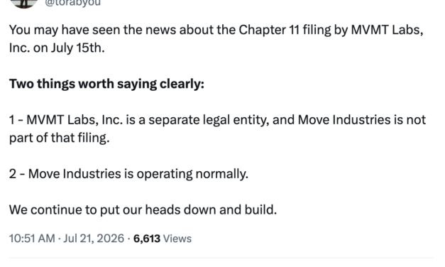 Movement Labs files for Chapter 11 bankruptcy after months of MOVE token turmoil
