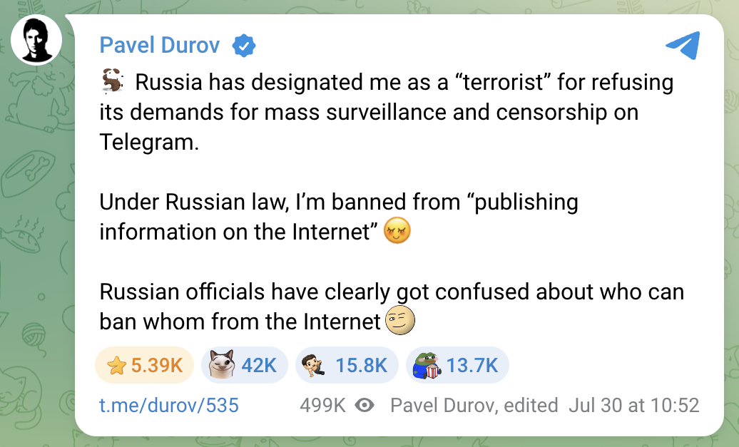 Telegram’s Pavel Durov responds to Russia’s terrorism designation