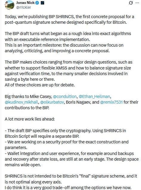 SHRINCS BIP published: Quantum-secure Bitcoin comes with a catch