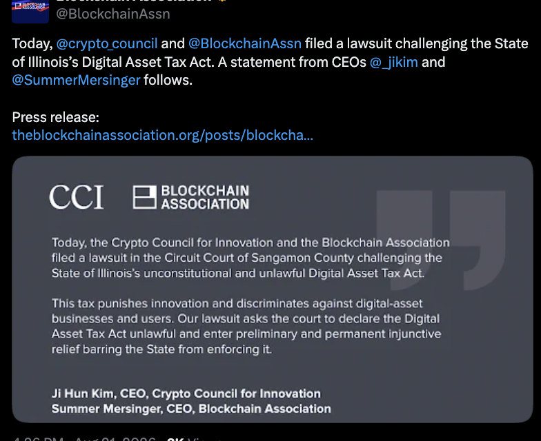 Crypto advocacy groups oppose Illinois digital asset tax in court