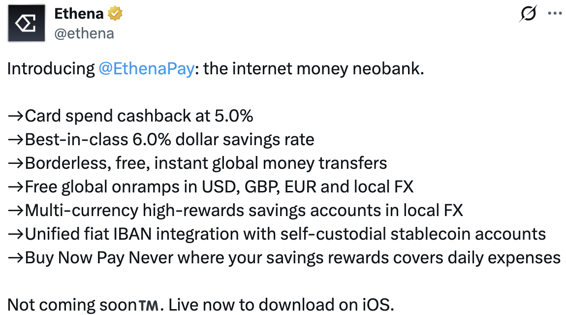 Ethena launches USDe payments app, offers 6% rewards