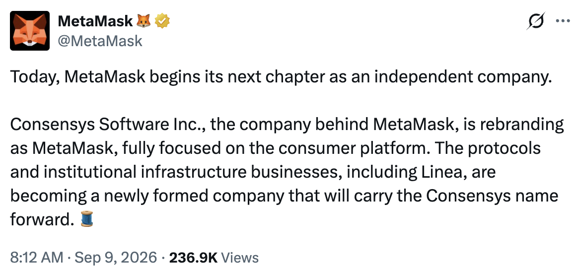 Consensys to split into MetaMask and institutional blockchain company
