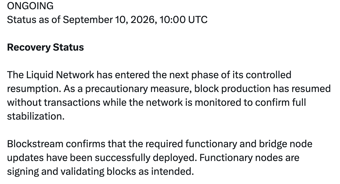 Liquid Network resumes block production after $320M exploit