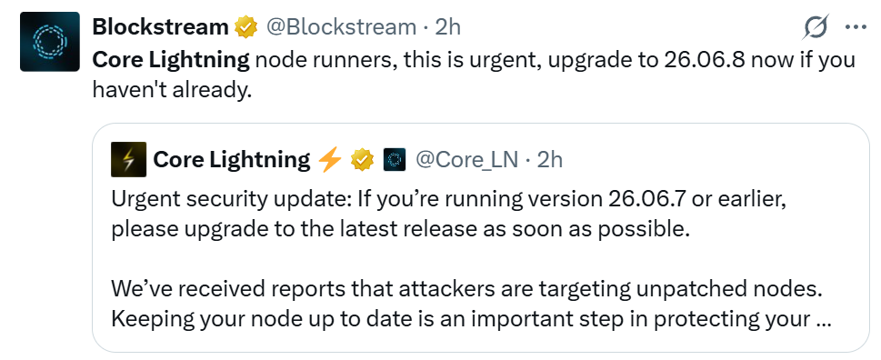 Core Lightning warns attackers are targeting unpatched nodes
