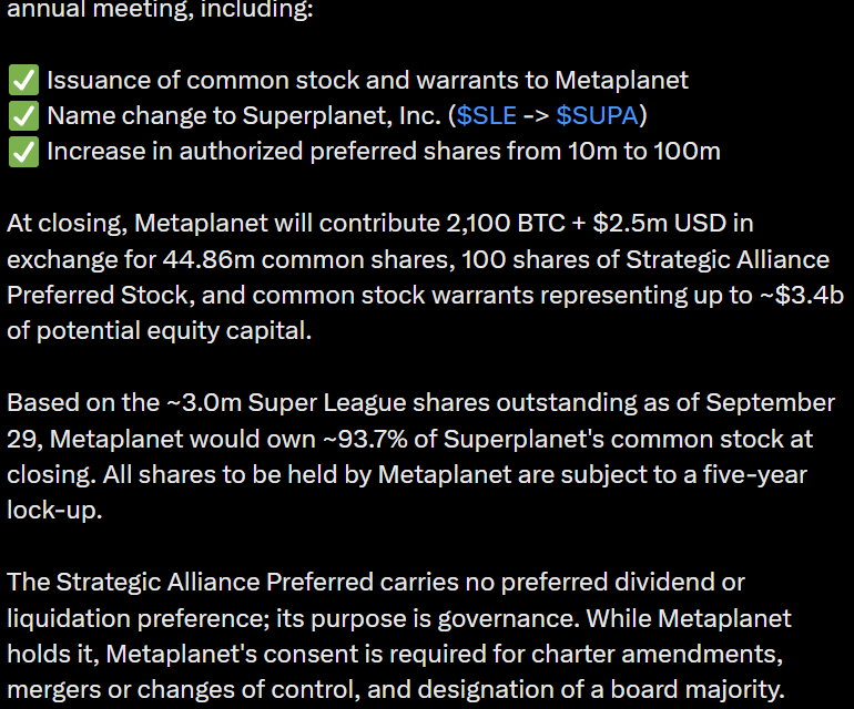 Metaplanet to take 93.7% stake in Super League through 2,100 BTC deal