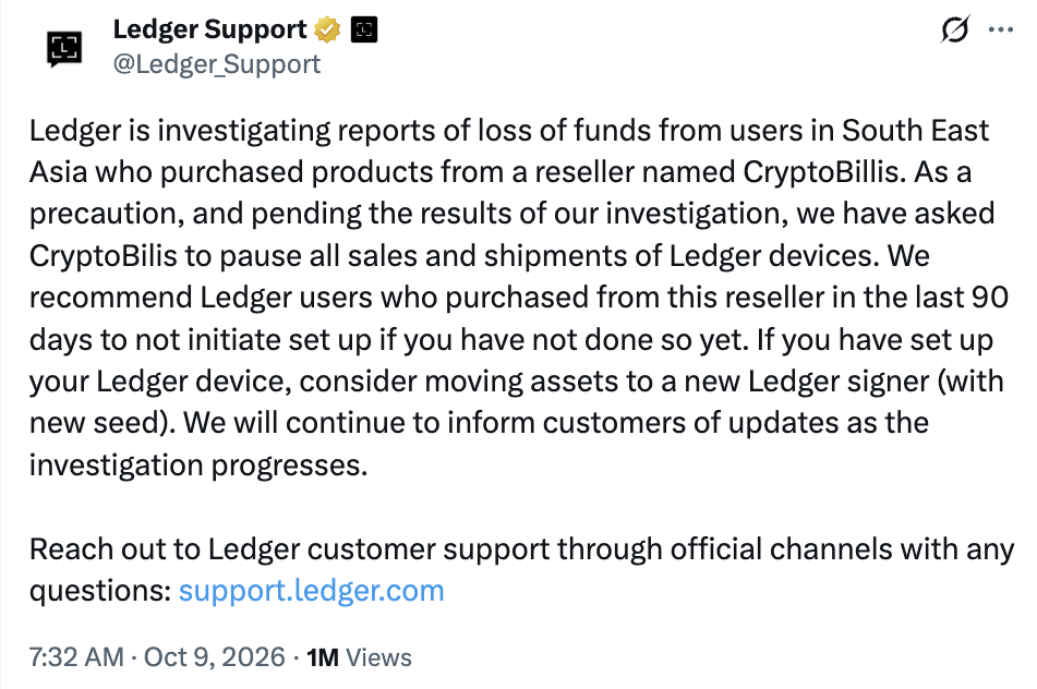 Ledger investigates fund losses linked to Southeast Asian reseller, warns users